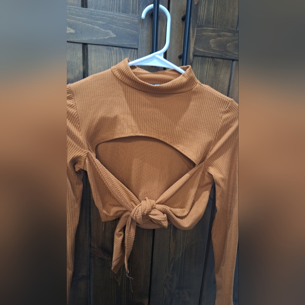 Rust Tie-Front Ribbed Crop Top